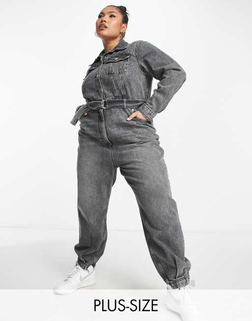 River Island Plus - Denim boilersuit in zwart