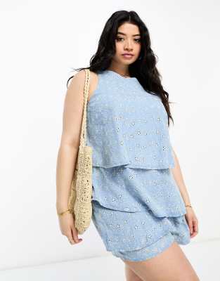River Island Plus River Island Plus denim broderie playsuit in light wash-Blue