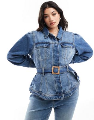 River Island Plus Denim Jacket With Belted Waist Detail In Blue