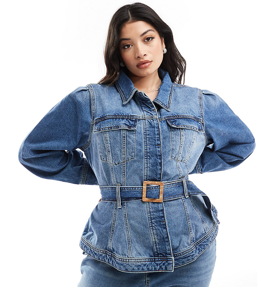 River Island Plus Denim Jacket With Belted Waist Detail In Blue
