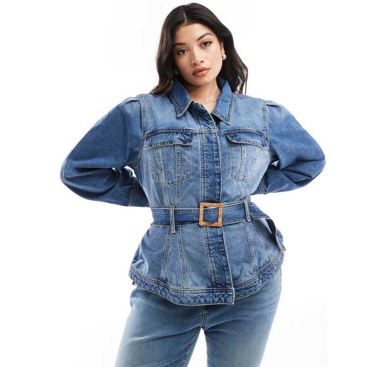 River Island Plus denim jacket with belted waist detail in blue ASOS