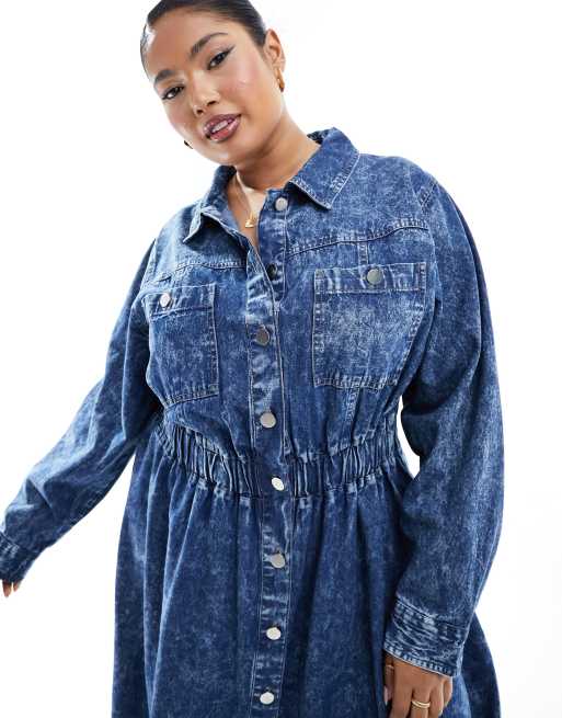 River Island Plus - Denim midi overhemdjurk met riem in mid-wash blauw, 2 van 4