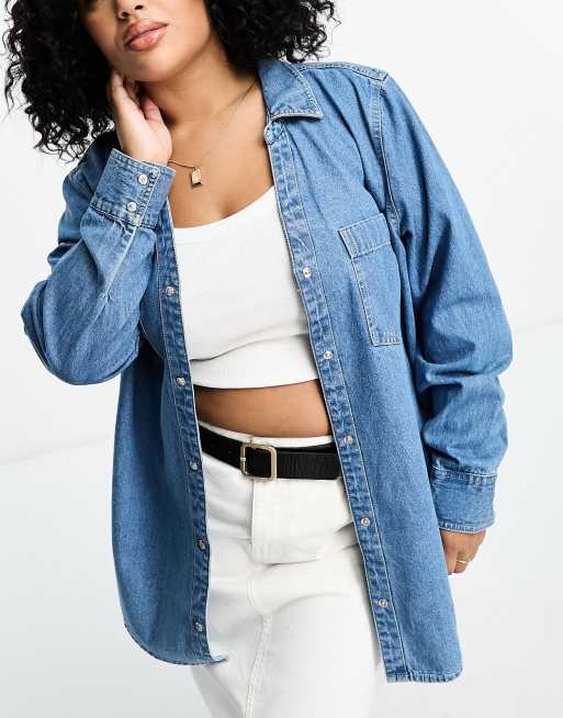 River Island Plus - Denim overhemd in blauw