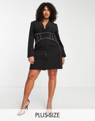 River Island Plus diamante corset detail mini blazer dress in black