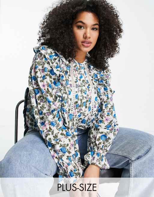 River Island Plus ditsy floral ruffle blouse in blue ASOS
