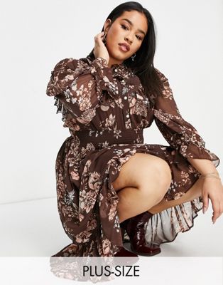 River Island Plus ditsy floral tiered prairie midi dress in brown