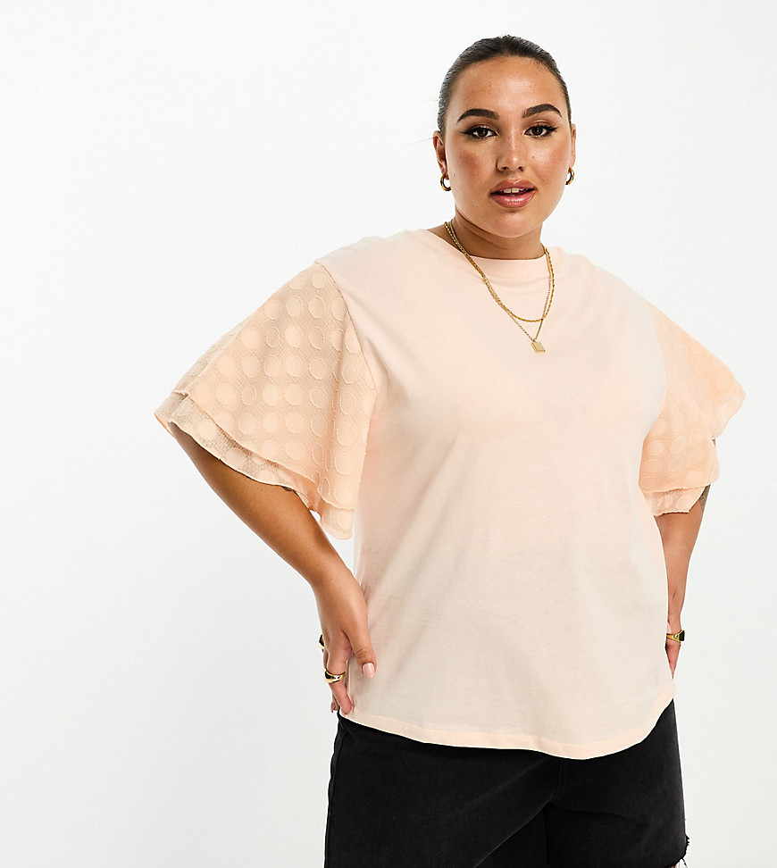 River Island Plus dobby frill sleeve top in coral-Pink