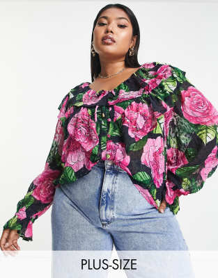 Tops by River Island Plus Your better half Floral design Round neck Long sleeves Button placket Regular fit
