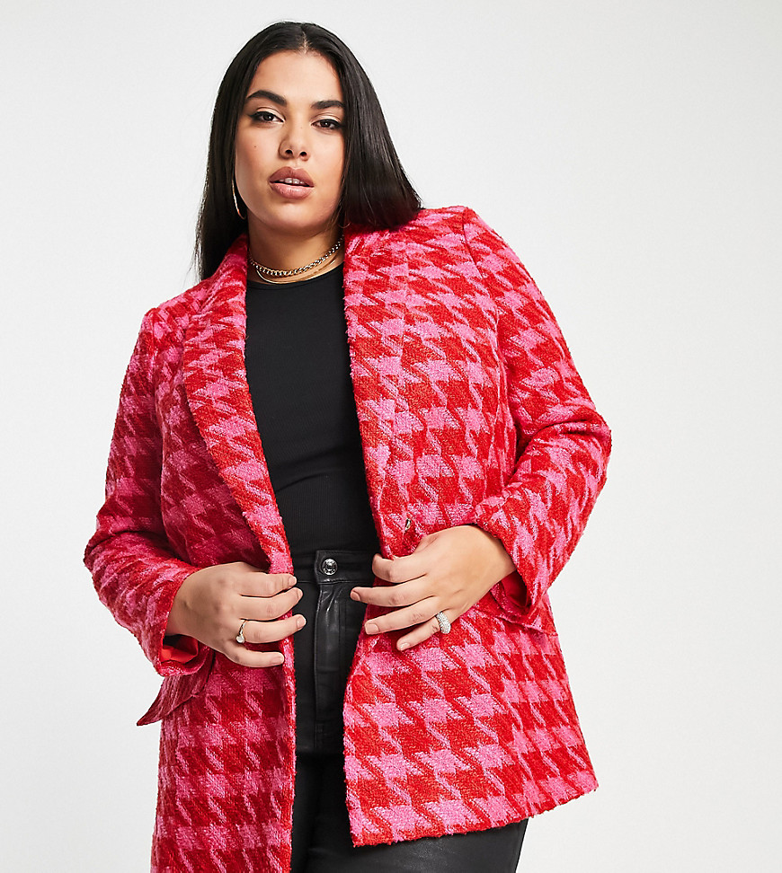 River Island Plus dogtooth boucle blazer in bright pink - part of a set