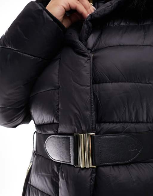 River Island Plus - Doudoune longue avec ceinture et capuche avec fausse fourrure - Noir, 2 de 4