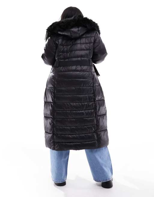 River Island Plus - Doudoune longue avec ceinture et capuche avec fausse fourrure - Noir, 3 de 4