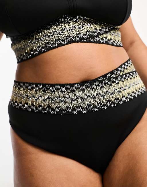 River Island Plus elastic high waist bikini bottom in black