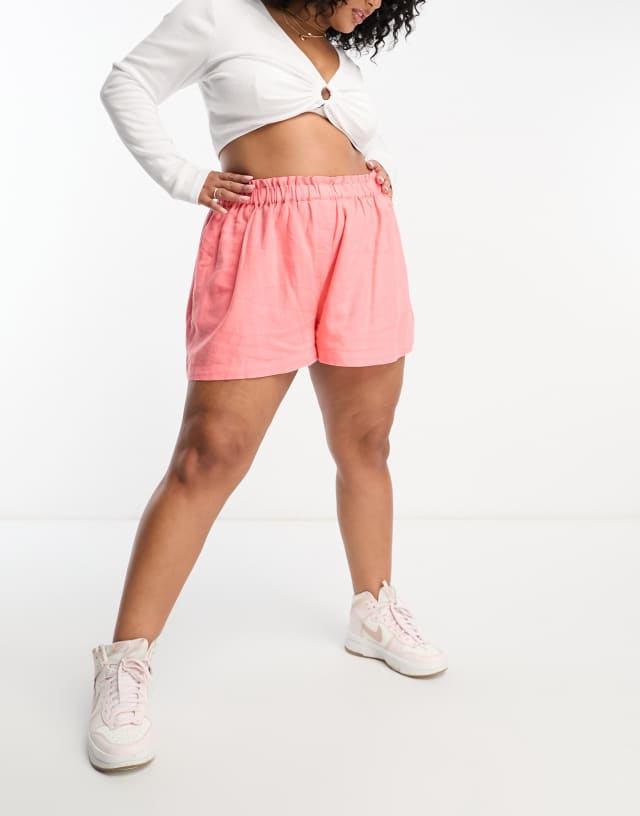 River Island Plus elastic waist linen shorts in pink - part of a set