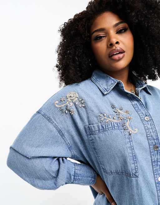 River Island Plus embellished denim shirt in blue