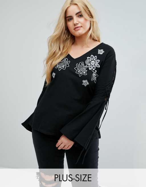 River Island Plus Embroidered Lace Up Sleeve Blouse ASOS