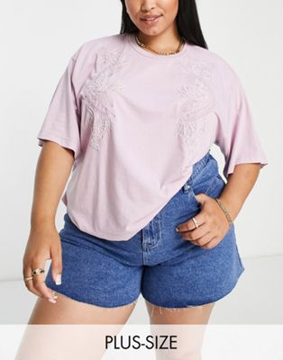 River island Plus embroidered t-shirt in light purple
