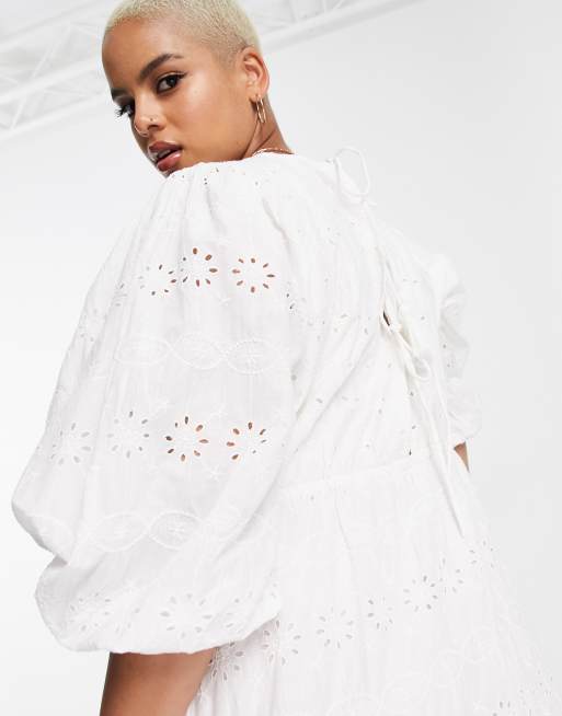 River Island Plus eyelet smock midi dress in white | ASOS