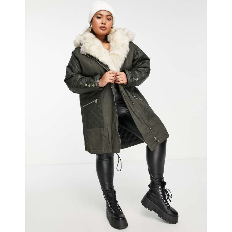 River Island Plus faux fur lined parka jacket in khaki