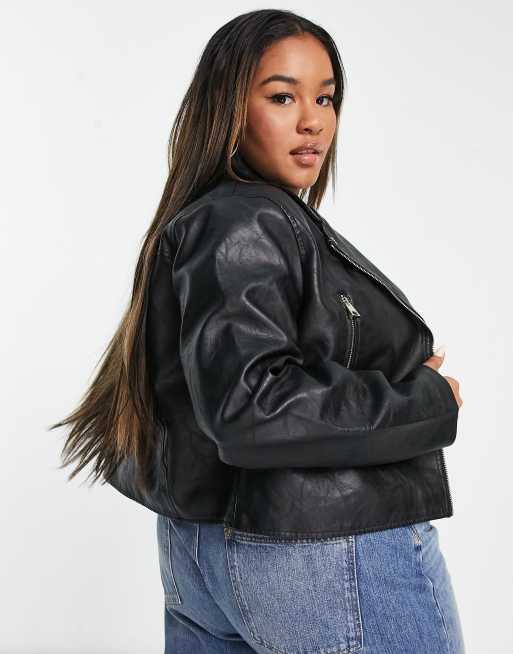 River Island Plus faux leather biker jacket in black, 4 of 4