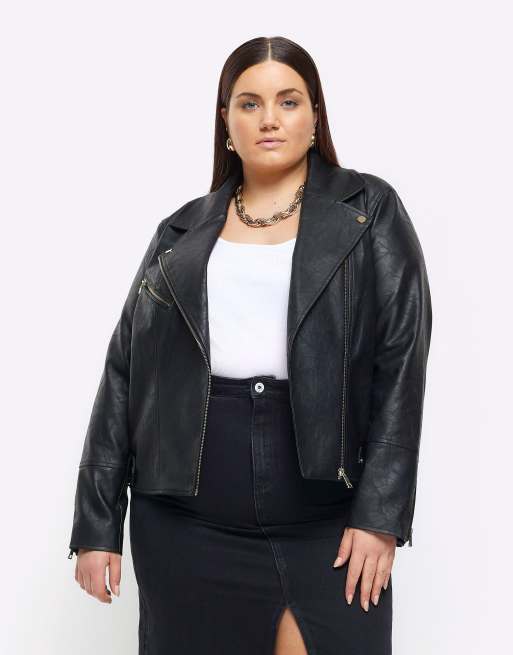 River Island Plus faux leather biker jacket in black