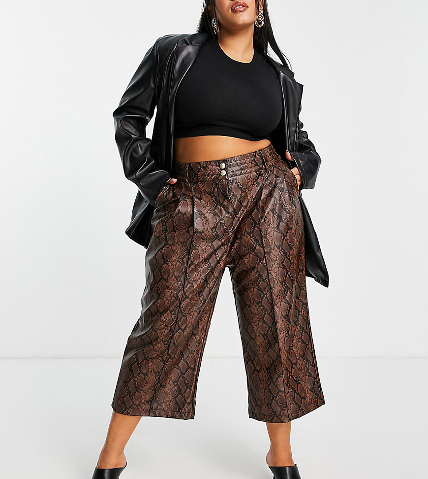 River Island Plus faux leather snakeprint straight leg pants in brown
