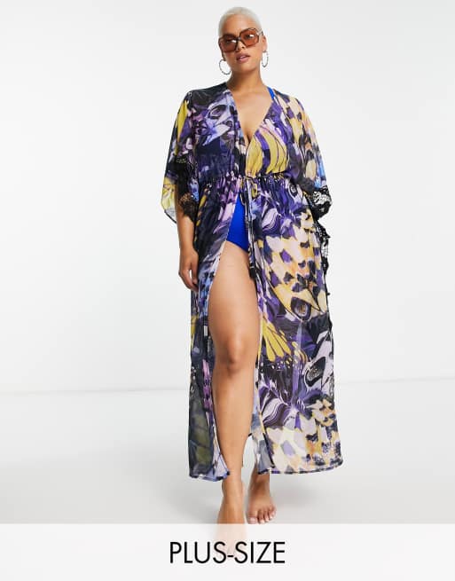 River Island Plus – Fioletowy kaftan maxi z balonowymi rękawami