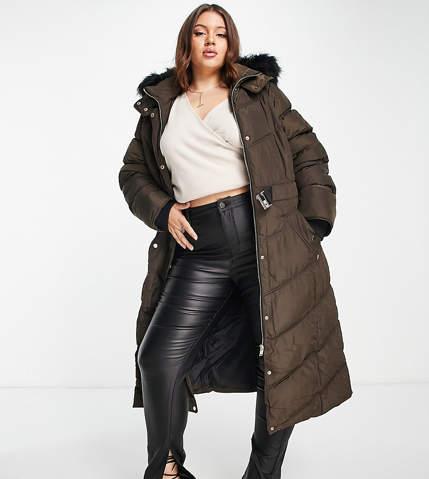 River Island Plus fitted padded coat in brown-Green