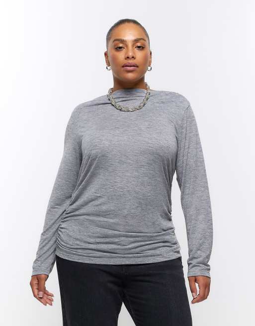 River Island Plus fitted ruched top with long sleeve in grey