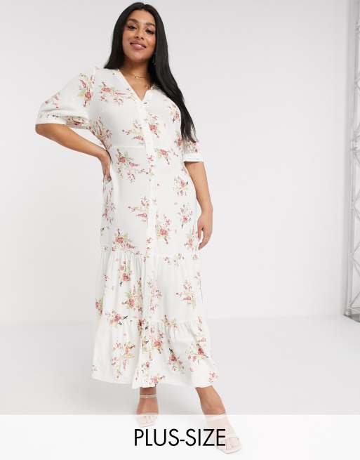 River Island Plus floral print maxi shirt dress in cream | ASOS