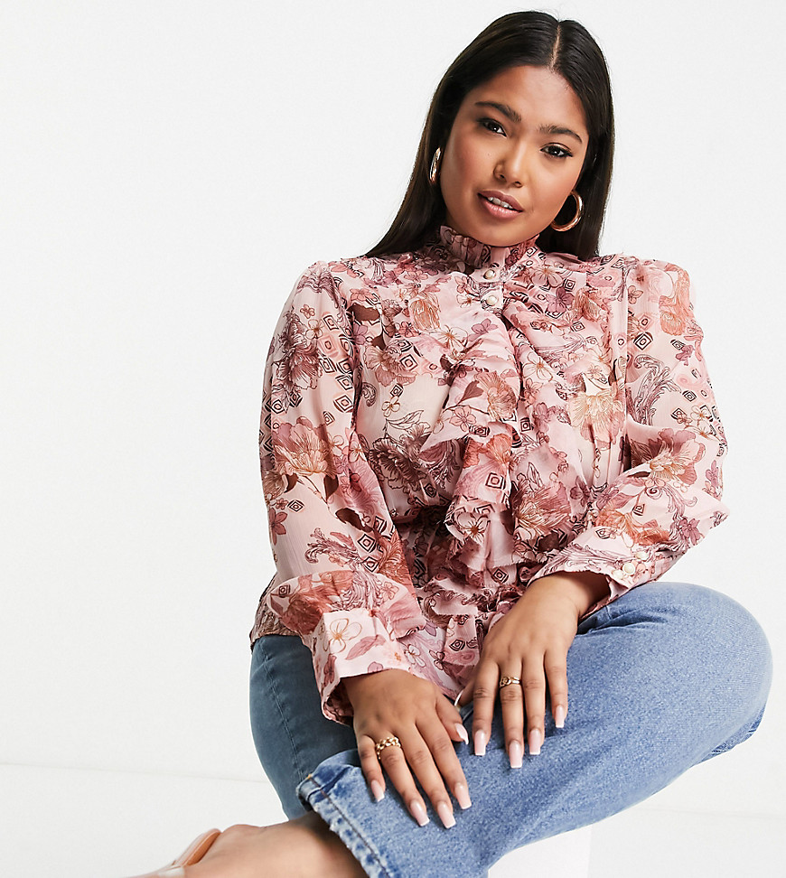 River Island Plus floral print ruffle front blouse in pink