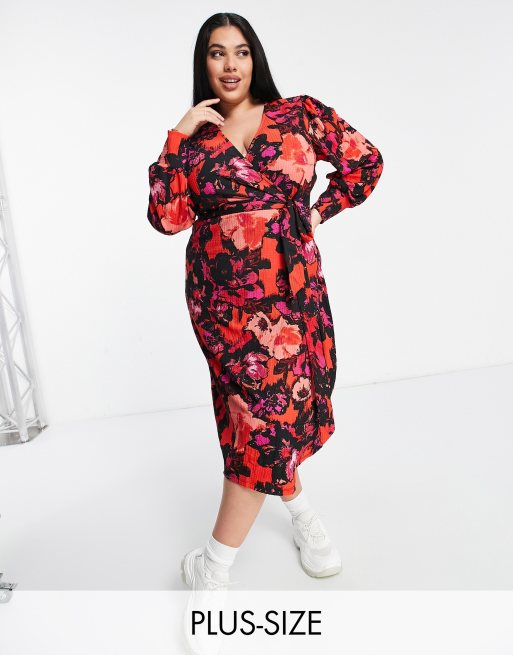 River Island Plus floral print wrap dress in red | ASOS