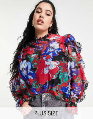 Plus-size top by River Island Cute top Floral design Frill neck Volume sleeves Ruffle details Button-keyhole back Regular fit True to size