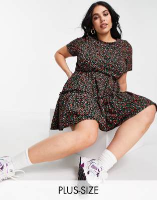 River Island Plus River Island Plus floral tiered mini t-shirt dress in black