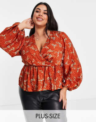 River Island Plus River Island Plus floral wrap blouse in brown