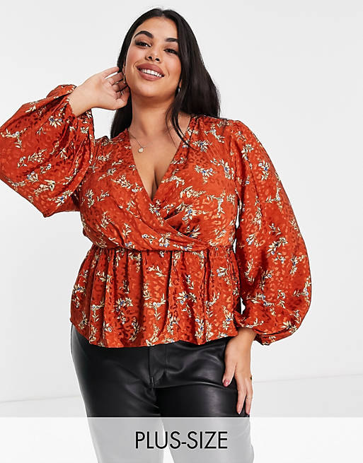 Women Shirts & Blouses/River Island Plus floral wrap blouse in brown 