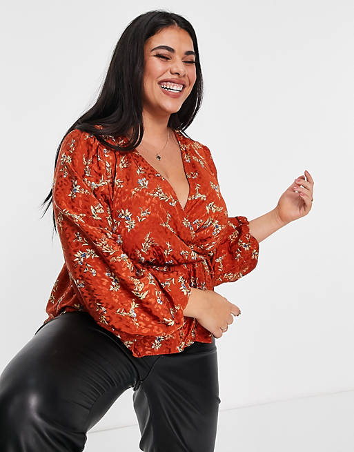 Women Shirts & Blouses/River Island Plus floral wrap blouse in brown 