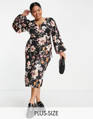river island black floral midi dress River Island Floral puff sleeve shift midi dress in black
