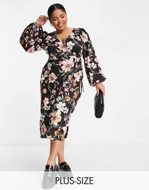 River Island Plus floral wrap midi dress in black | ASOS