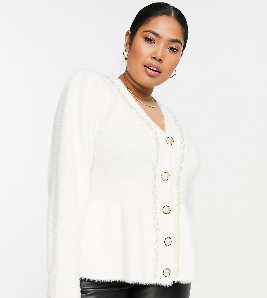 River Island Plus fluffy peplum cardigan with pearl detail in cream-White