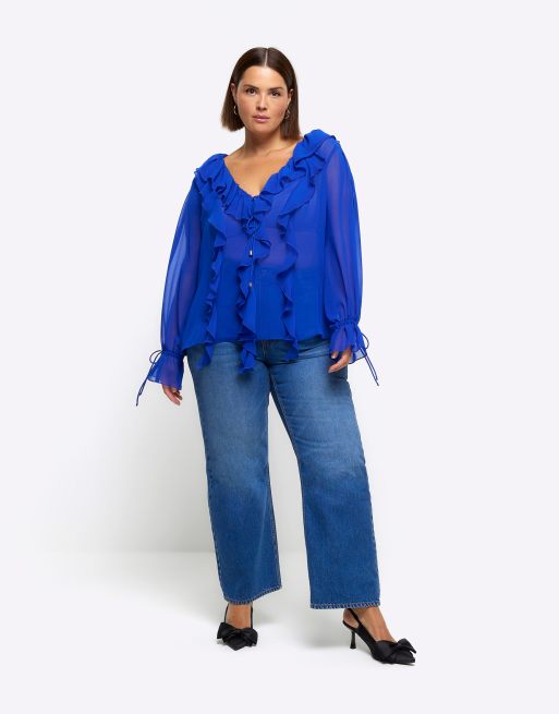 River Island Plus frill detail blouse in bright blue