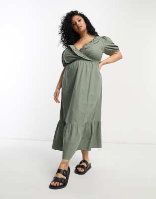 River Island Plus River Island Plus frill front poplin midi dress in khaki-Green