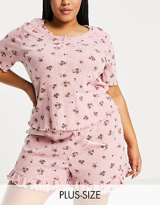 River Island Plus frill hem floral pyjama top and shorts set in pink