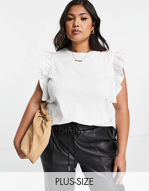 River Island Plus frill shoulder t-shirt in white