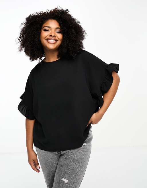 River Island Plus frill sleeve t-shirt in black | ASOS