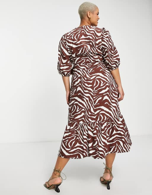 River Island Plus frill wrap midi dress in brown ASOS