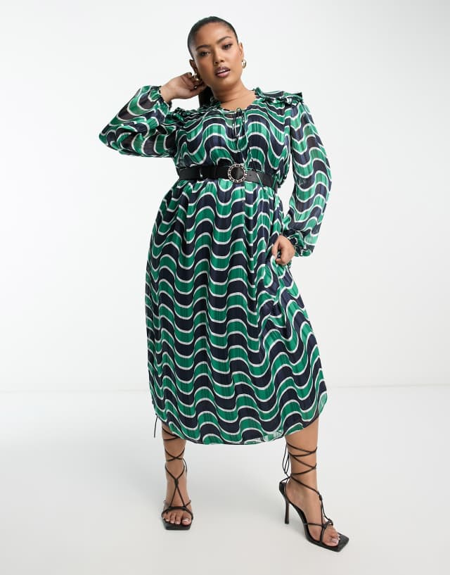 River Island Plus geo chiffon belted midi shirt dress in green