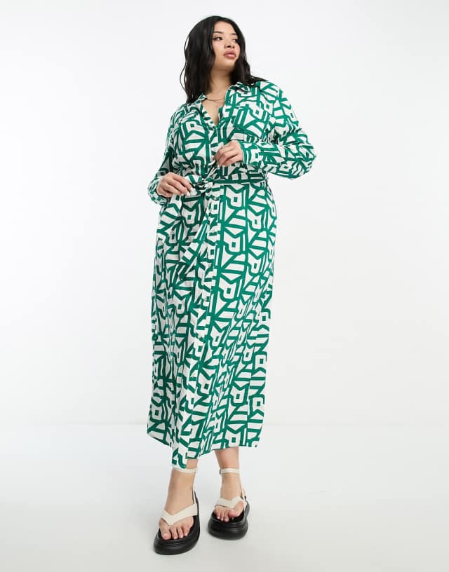 River Island Plus geo print midi shirt dress in green