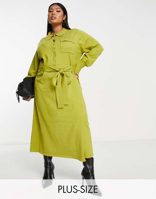 River Island Plus – Gestricktes Midi-Hemdblusenkleid in Grün