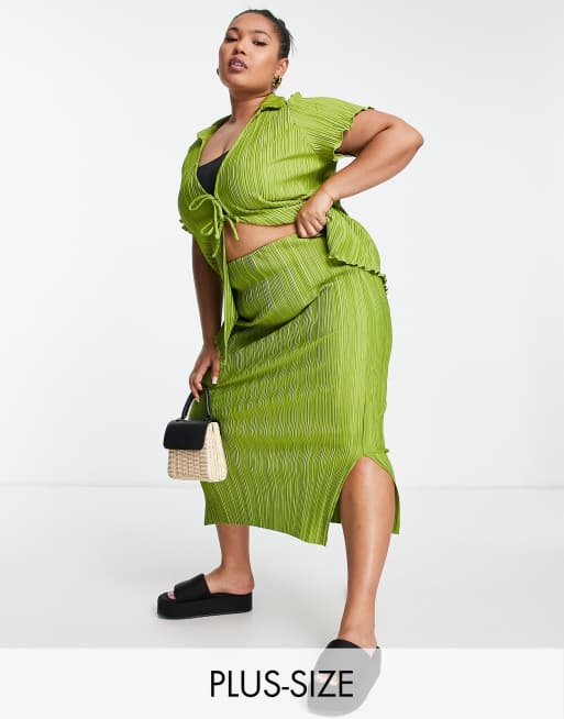 River Island Plus - Gonna midi plissettata verde in coordinato