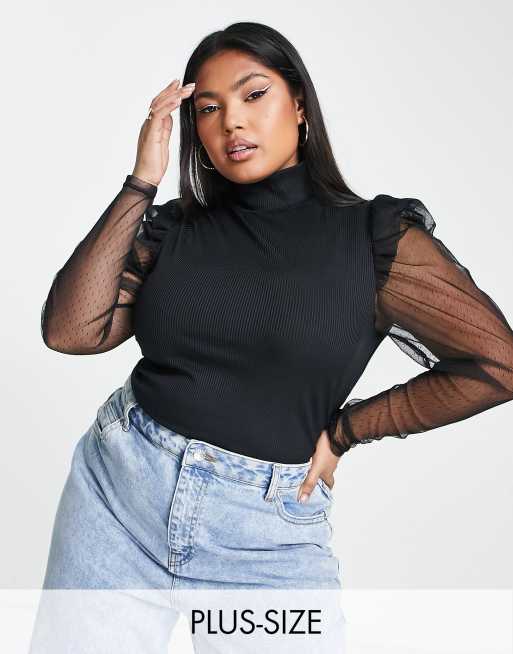 River Island Plus high neck mesh puff sleeve top in black ASOS